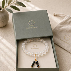 Tibet White Crystal Black Onyx Om Mani Padme Hum Meditation Bracelet featuring Clear Quartz / White Crystal, Black Onyx, Om Mani Padme Hum