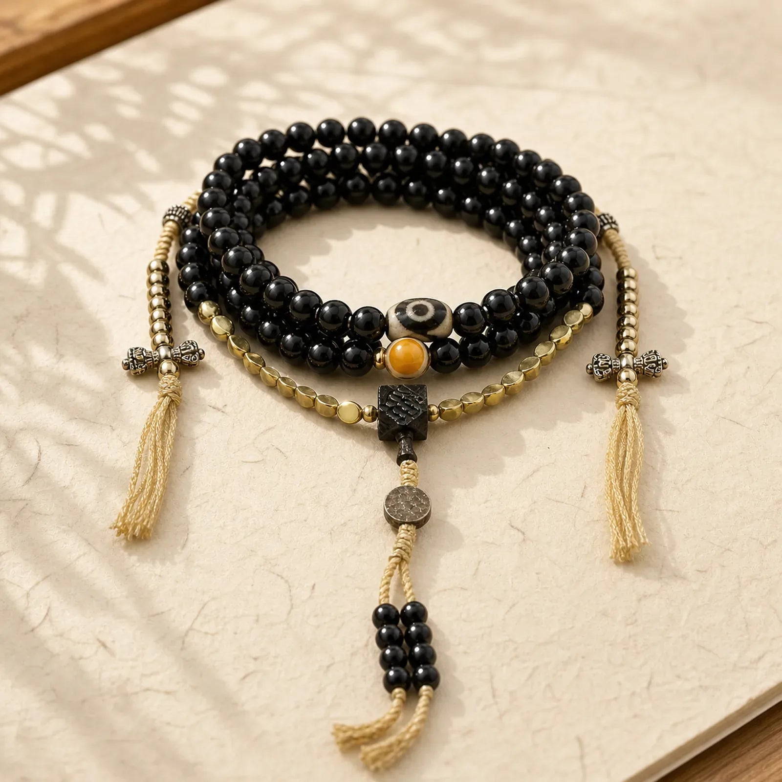 Tibetan 108 Mala Beads Black Onyx Three-eyed Dzi Beads Protection Bracelet featuring Black Onyx, Three-eyed Dzi Bead, Dzi Bead