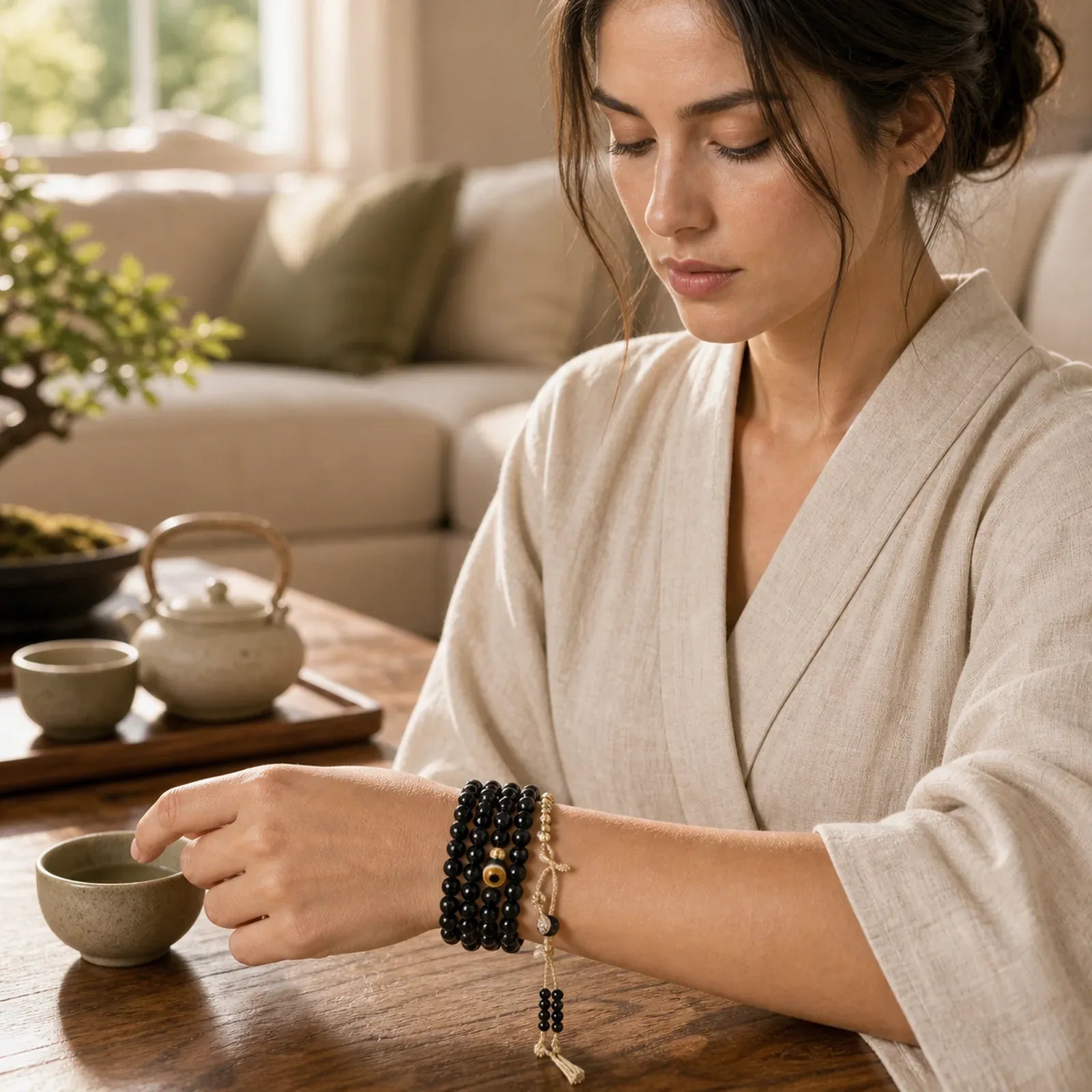 Tibetan 108 Mala Beads Black Onyx Three-eyed Dzi Beads Protection Bracelet featuring Black Onyx, Three-eyed Dzi Bead, Dzi Bead