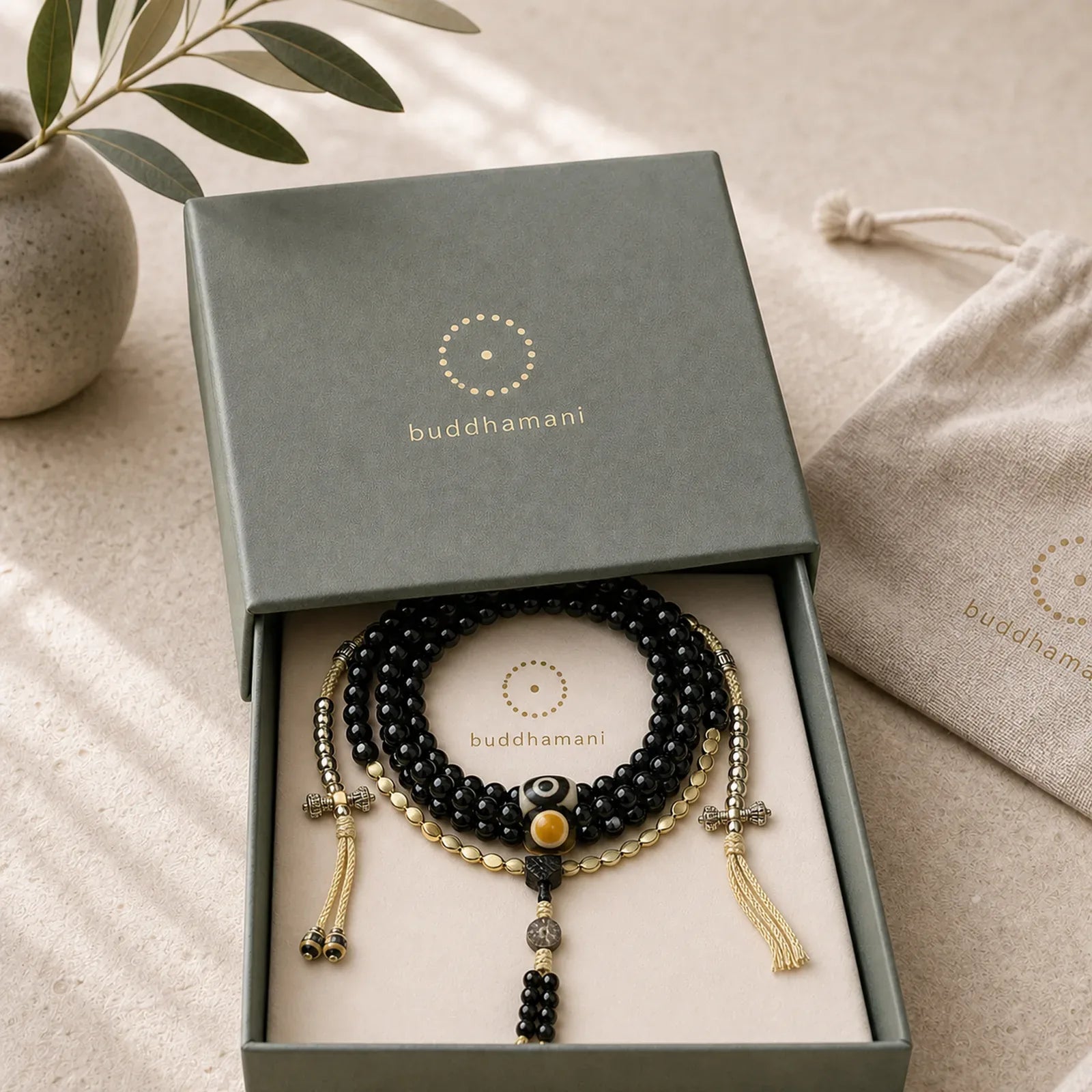 Tibetan 108 Mala Beads Black Onyx Three-eyed Dzi Beads Protection Bracelet featuring Black Onyx, Three-eyed Dzi Bead, Dzi Bead