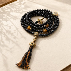 Tibetan 108 Mala Beads Black Onyx Tiger Eye Beads Nine Palaces Bagua Protection Bracelet featuring Black Onyx, Tiger Eye, Bagua