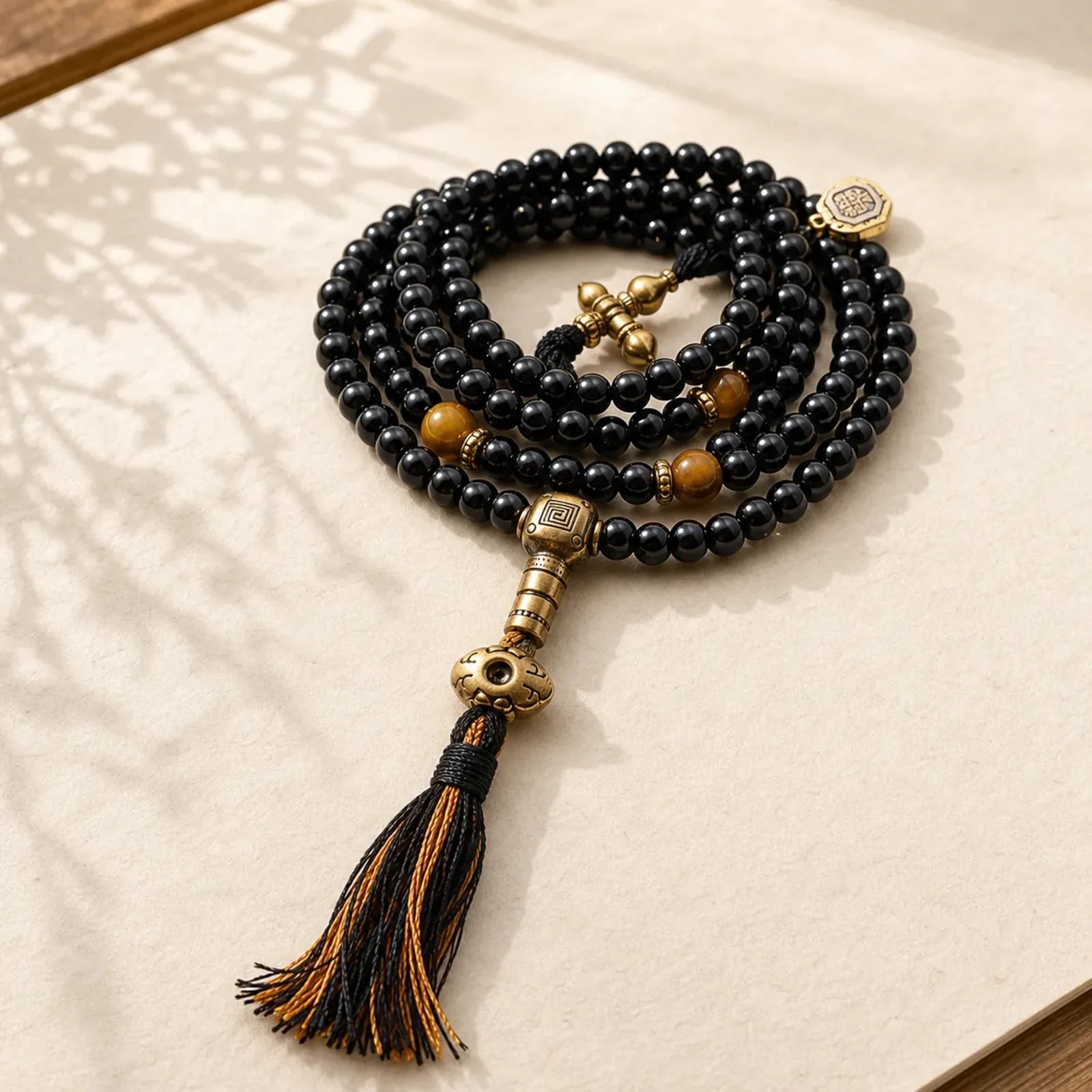 Tibetan 108 Mala Beads Black Onyx Tiger Eye Beads Nine Palaces Bagua Protection Bracelet featuring Black Onyx, Tiger Eye, Bagua