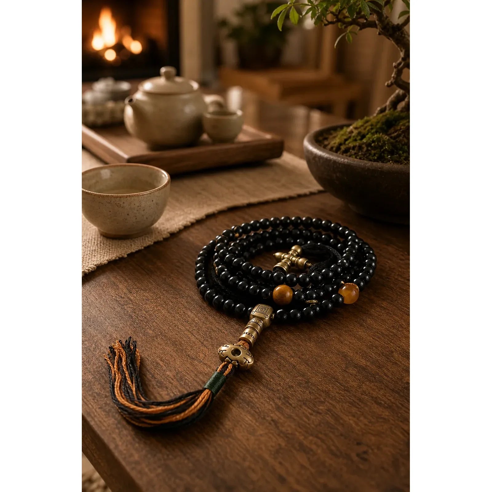 Tibetan 108 Mala Beads Black Onyx Tiger Eye Beads Nine Palaces Bagua Protection Bracelet featuring Black Onyx, Tiger Eye, Bagua