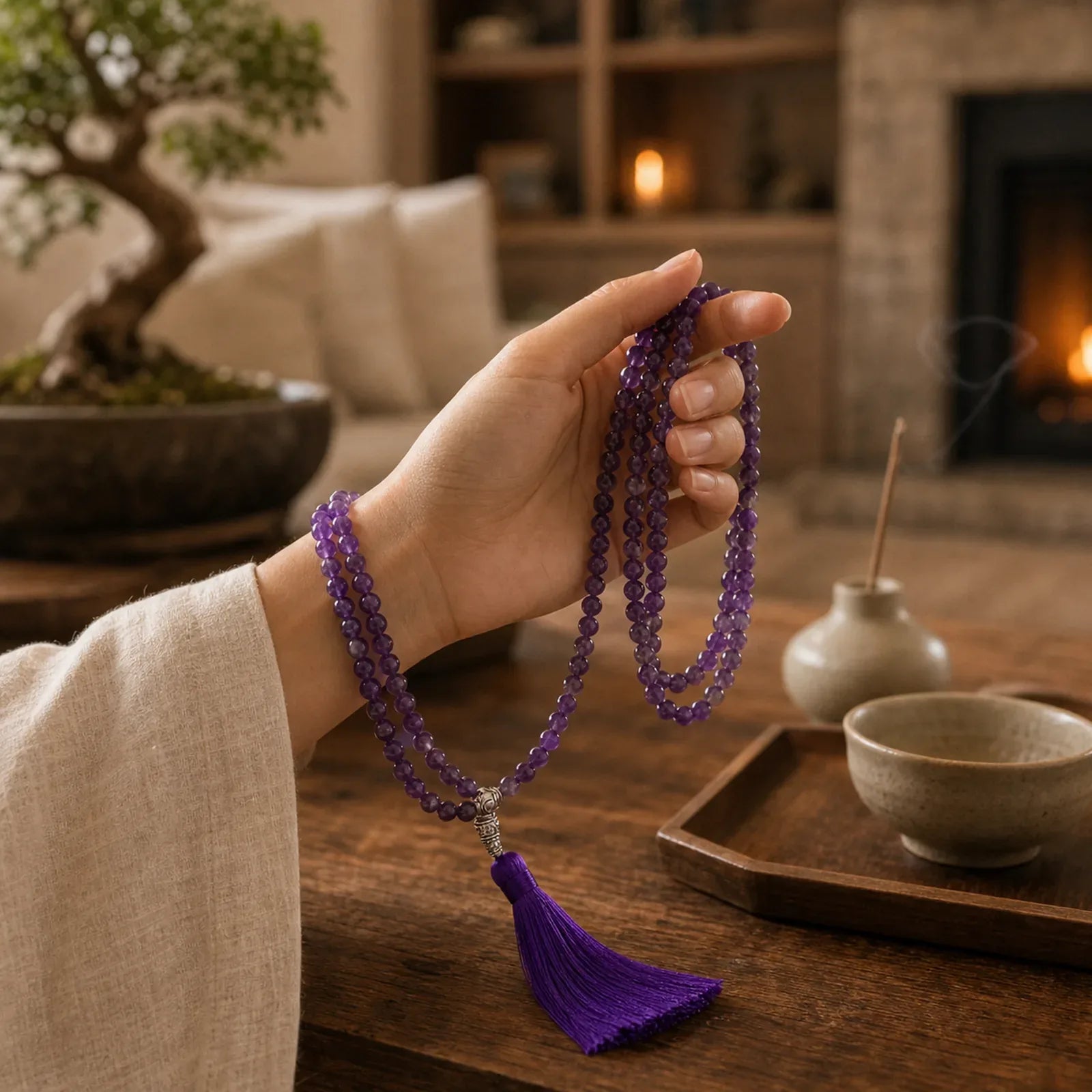 Tibetan 108 Mala Beads Necklace Yoga Meditation Prayer Beads Necklace featuring Amethyst