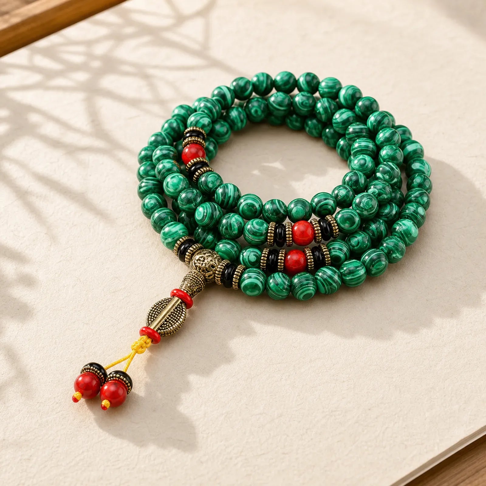 Tibetan 108 Mala Malachite Beads Bracelet Necklace featuring Malachite