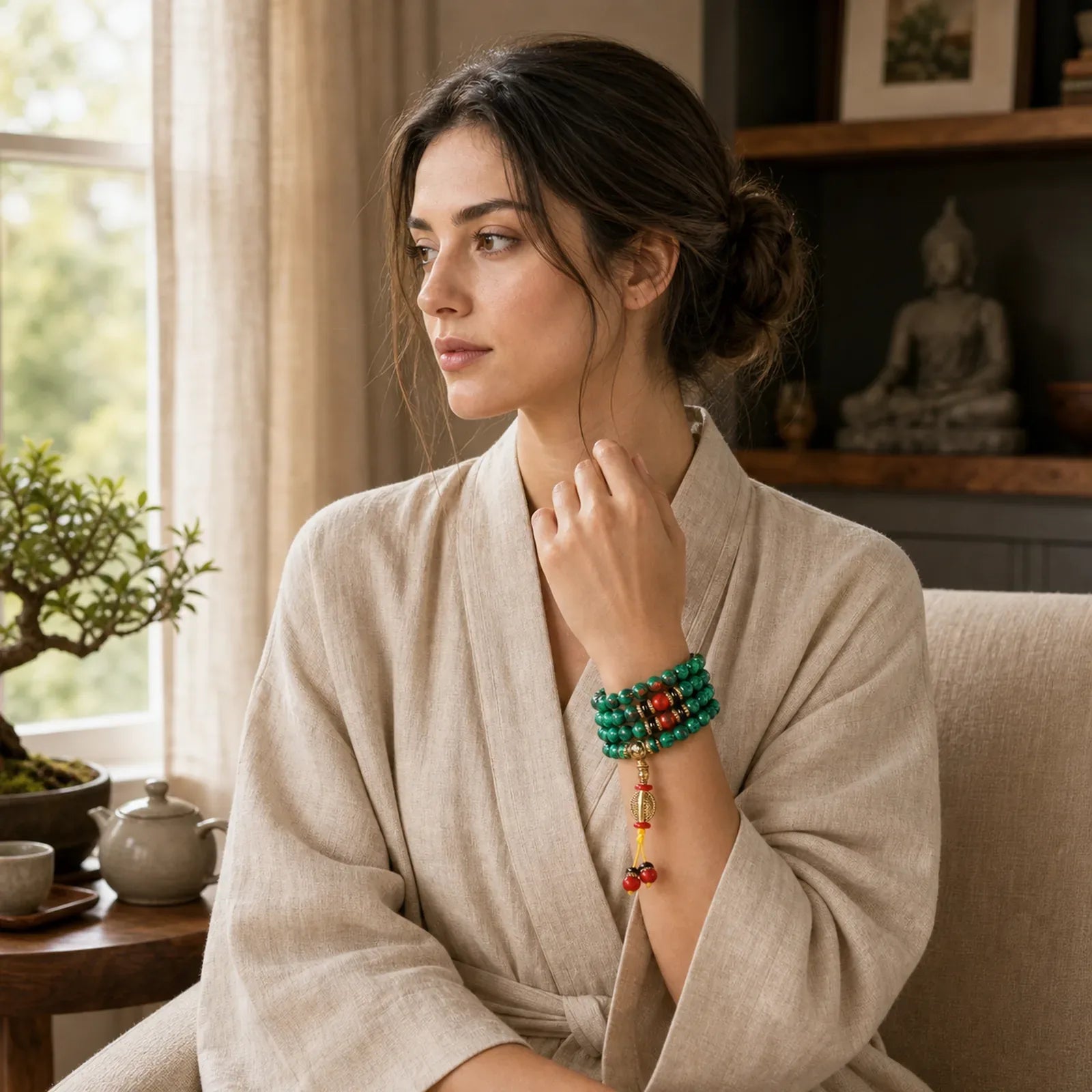 Tibetan 108 Mala Malachite Beads Bracelet Necklace featuring Malachite