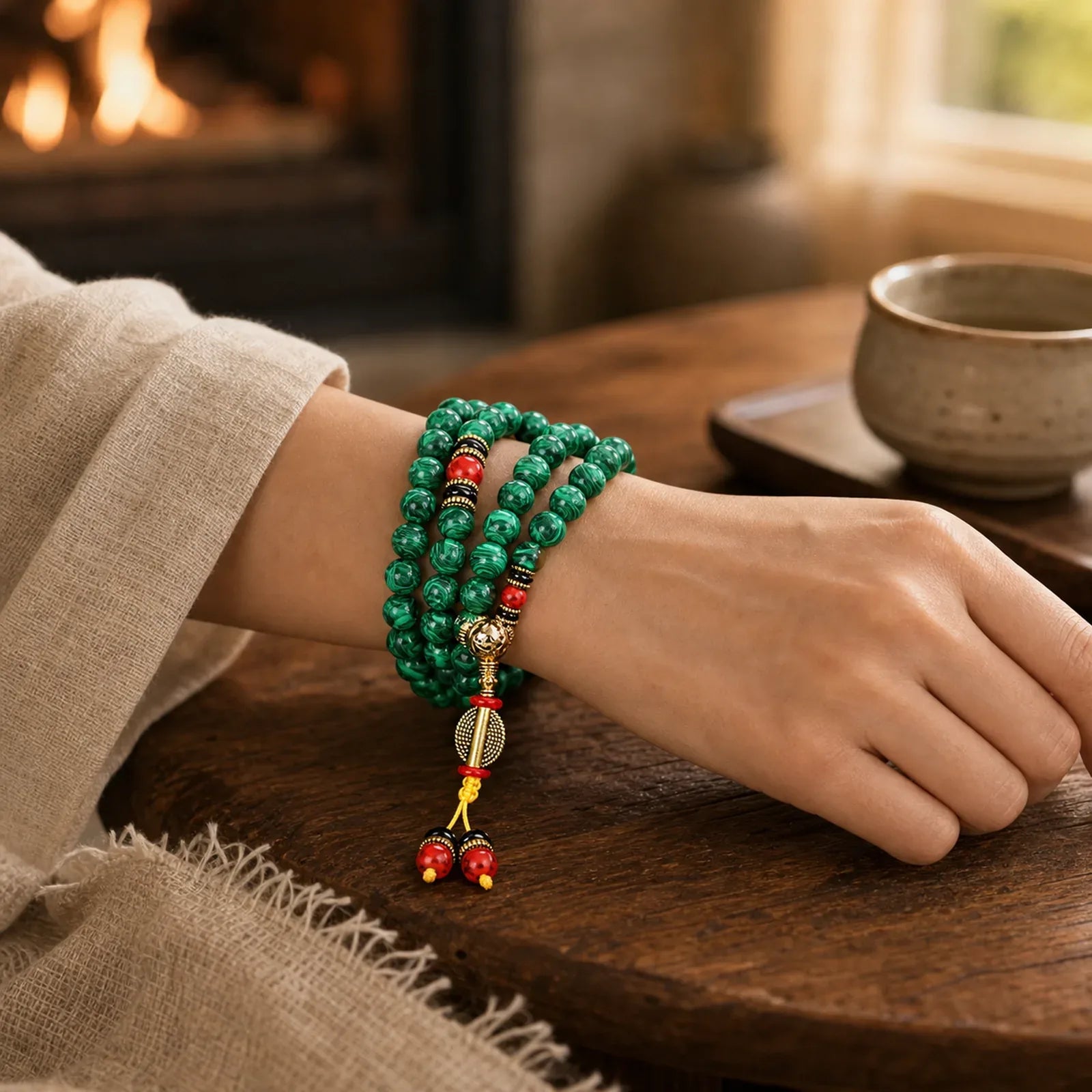 Tibetan 108 Mala Malachite Beads Bracelet Necklace featuring Malachite