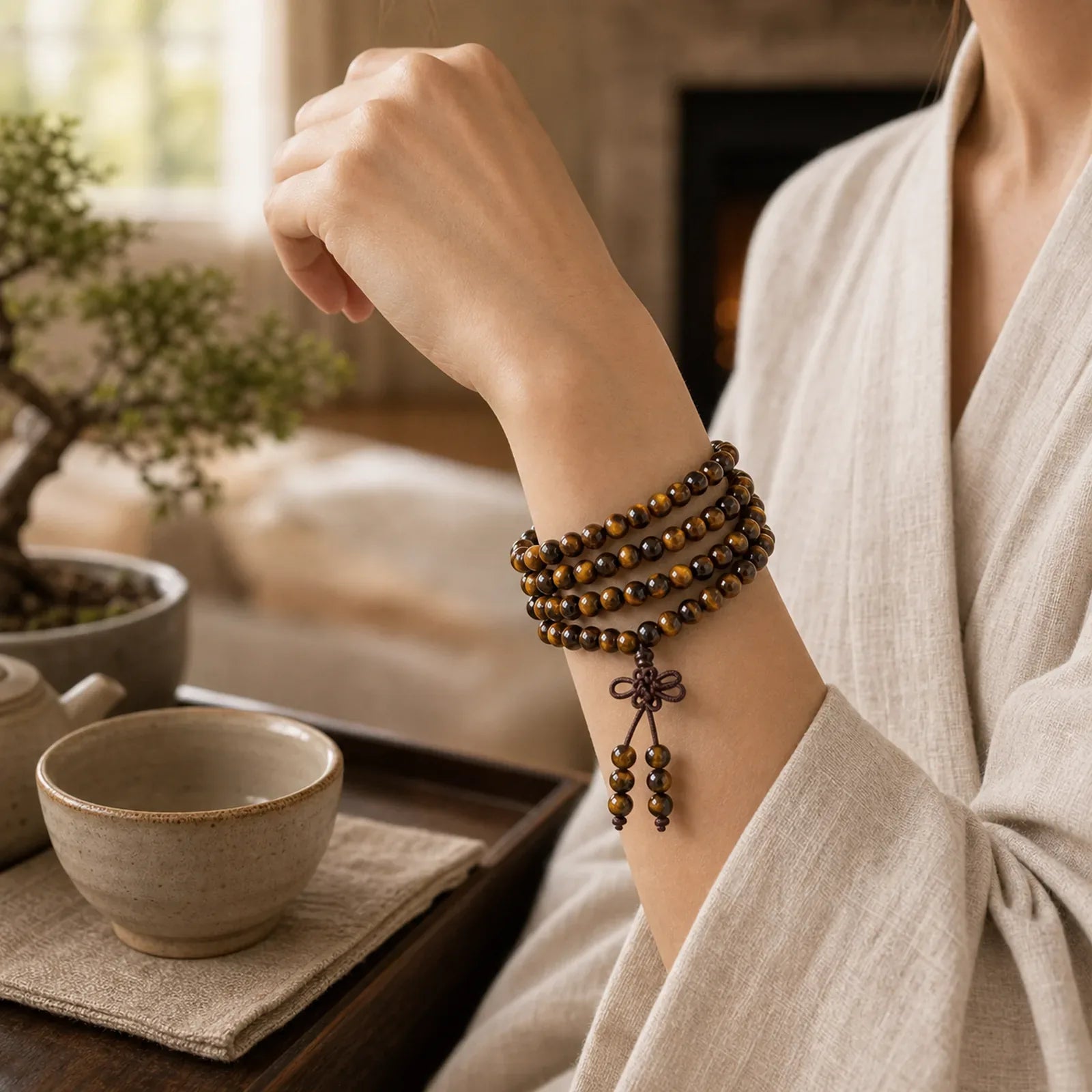 Tibetan 108 Natural Tiger Eye Gemstone Beads Prayer Mala Bracelet Necklace featuring Tiger Eye