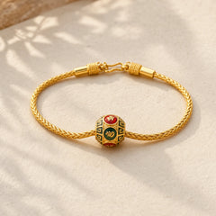 Tibetan 18K Gold Om Mani Padme Hum Lucky Koi Fish Fu Character Ingot Copper Coin Peace Bracelet featuring Om Mani Padme Hum, Om, Koi Fish