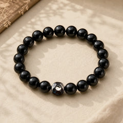Tibetan Agate Yin Yang Wealth Round Bead Bracelet featuring Black Onyx, Black Obsidian, Yin Yang Symbol
