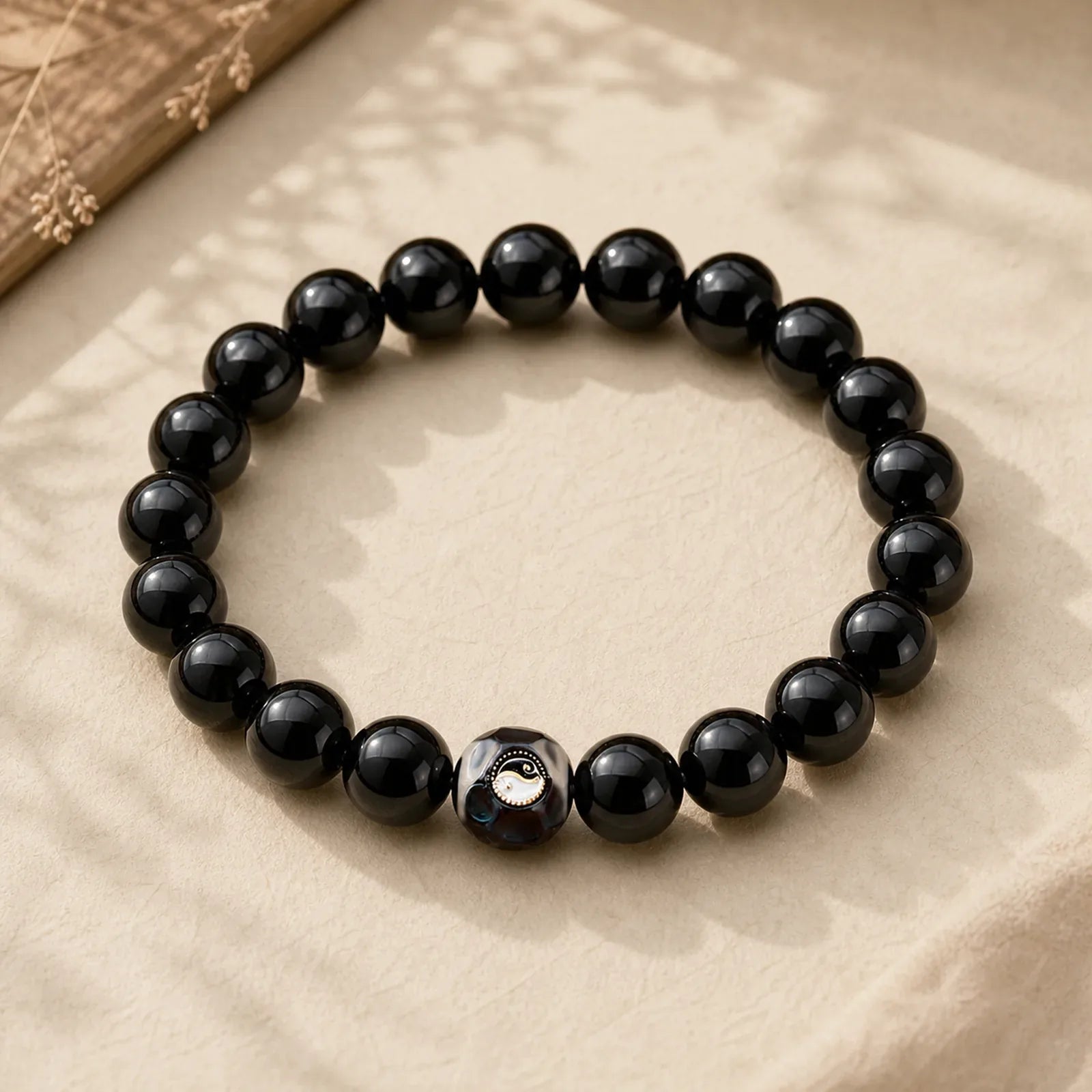 Tibetan Agate Yin Yang Wealth Round Bead Bracelet featuring Black Onyx, Black Obsidian, Yin Yang Symbol