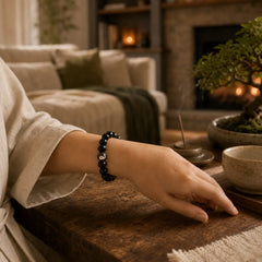 Tibetan Agate Yin Yang Wealth Round Bead Bracelet featuring Black Onyx, Black Obsidian, Yin Yang Symbol