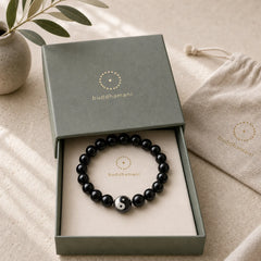 Tibetan Agate Yin Yang Wealth Round Bead Bracelet featuring Black Onyx, Black Obsidian, Yin Yang Symbol
