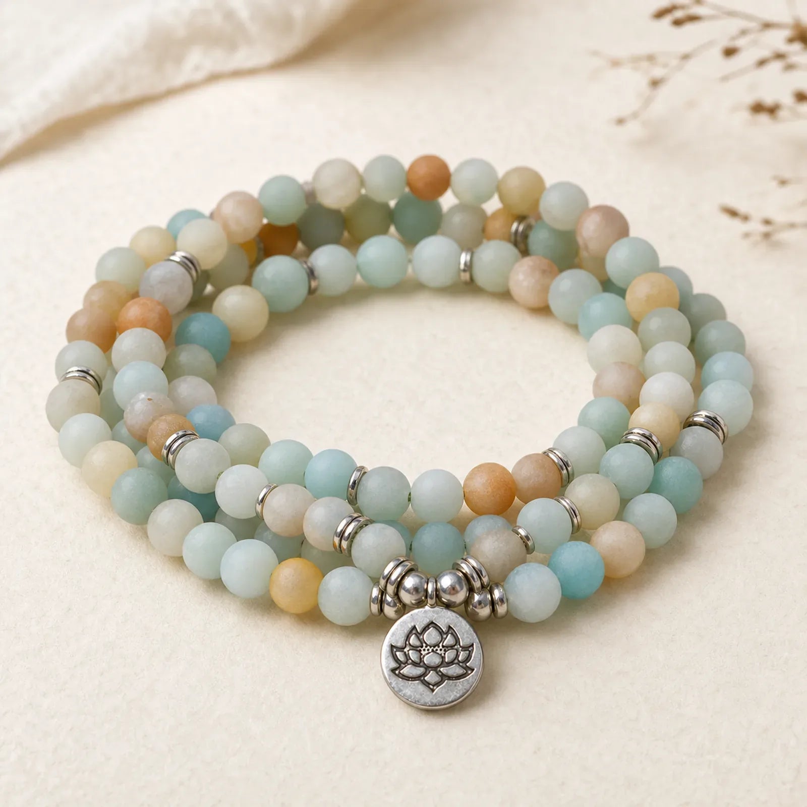 Tibetan Amazonite Stone Blessing Lotus Mala featuring Amazonite, Lotus, Lotus Symbol