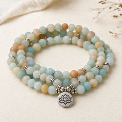Tibetan Amazonite Stone Blessing Lotus Mala featuring Amazonite, Lotus, Lotus Symbol