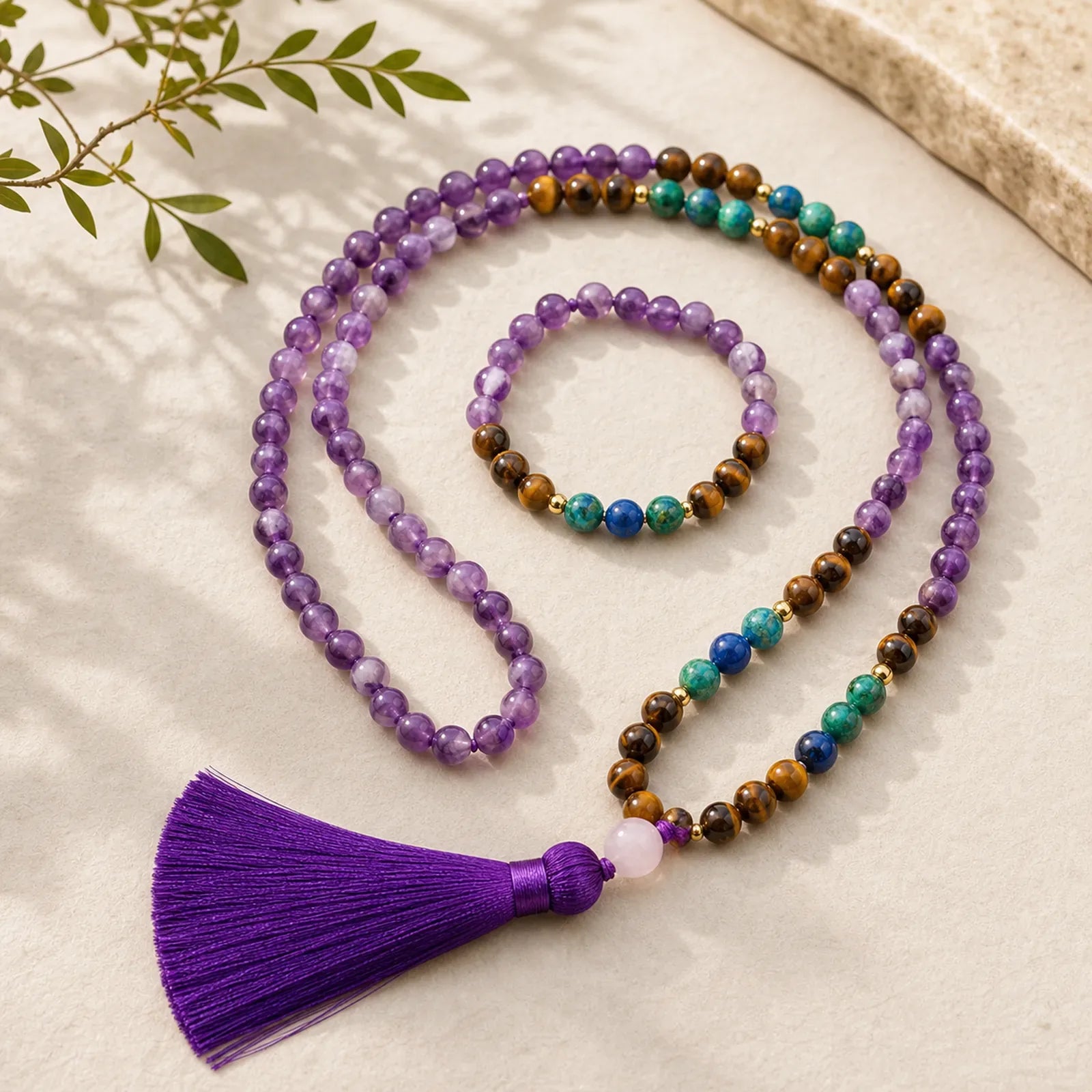 Tibetan Amethyst Purify Bracelet Mala Set featuring Amethyst, Tiger Eye, Lapis Lazuli (Lazurite)