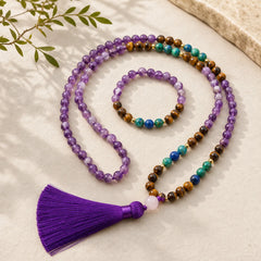 Tibetan Amethyst Purify Bracelet Mala Set featuring Amethyst, Tiger Eye, Lapis Lazuli (Lazurite)