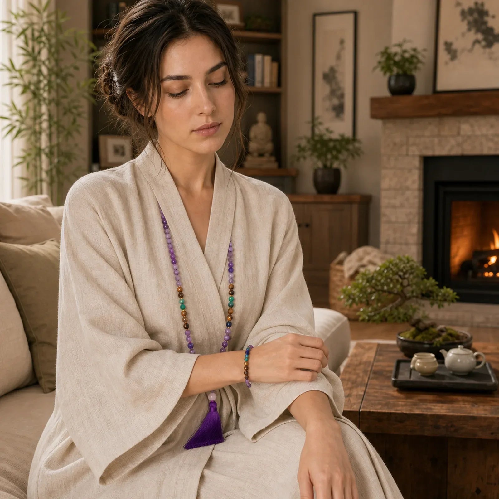 Tibetan Amethyst Purify Bracelet Mala Set featuring Amethyst, Tiger Eye, Lapis Lazuli (Lazurite)