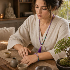 Tibetan Amethyst Purify Bracelet Mala Set featuring Amethyst, Tiger Eye, Lapis Lazuli (Lazurite)