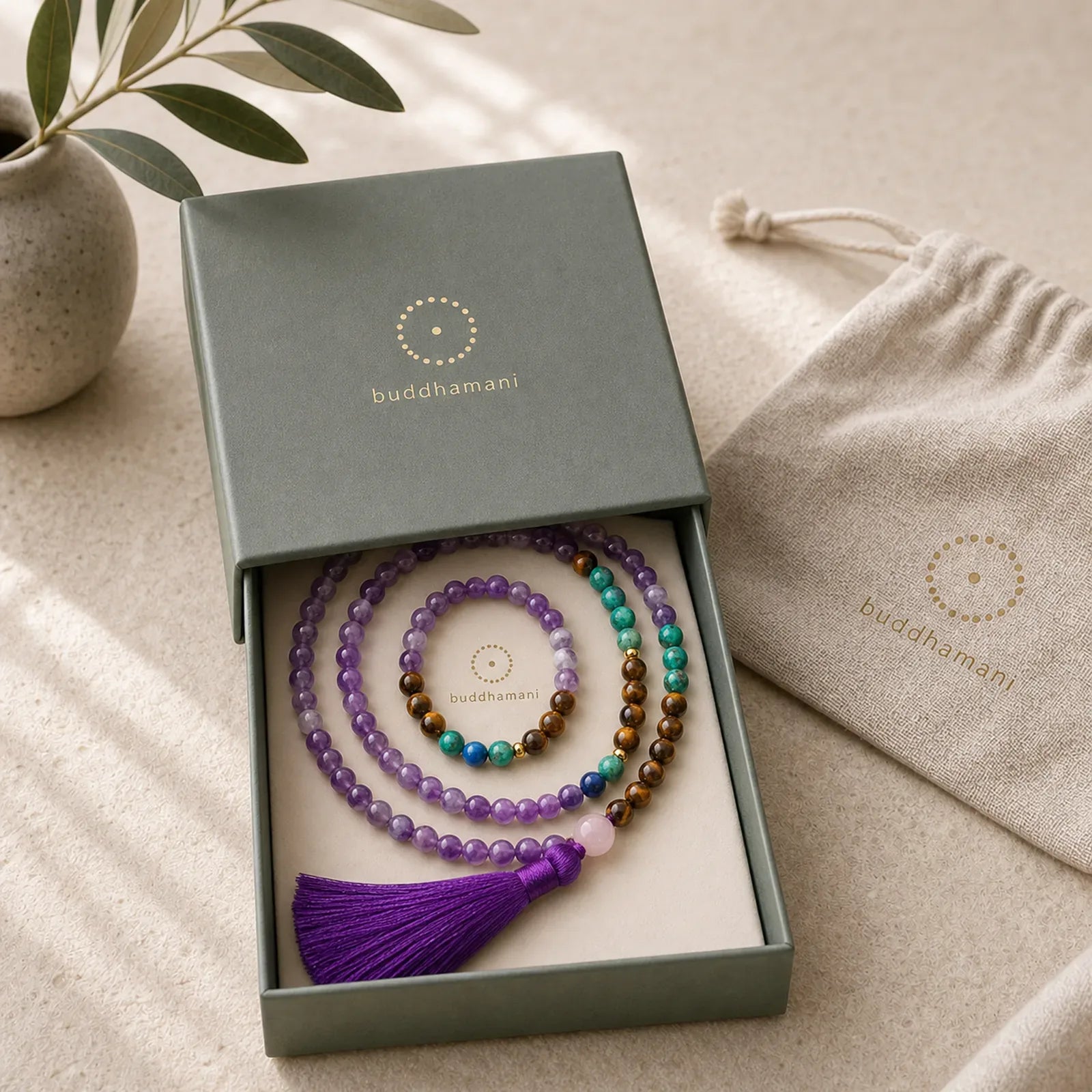 Tibetan Amethyst Purify Bracelet Mala Set featuring Amethyst, Tiger Eye, Lapis Lazuli (Lazurite)