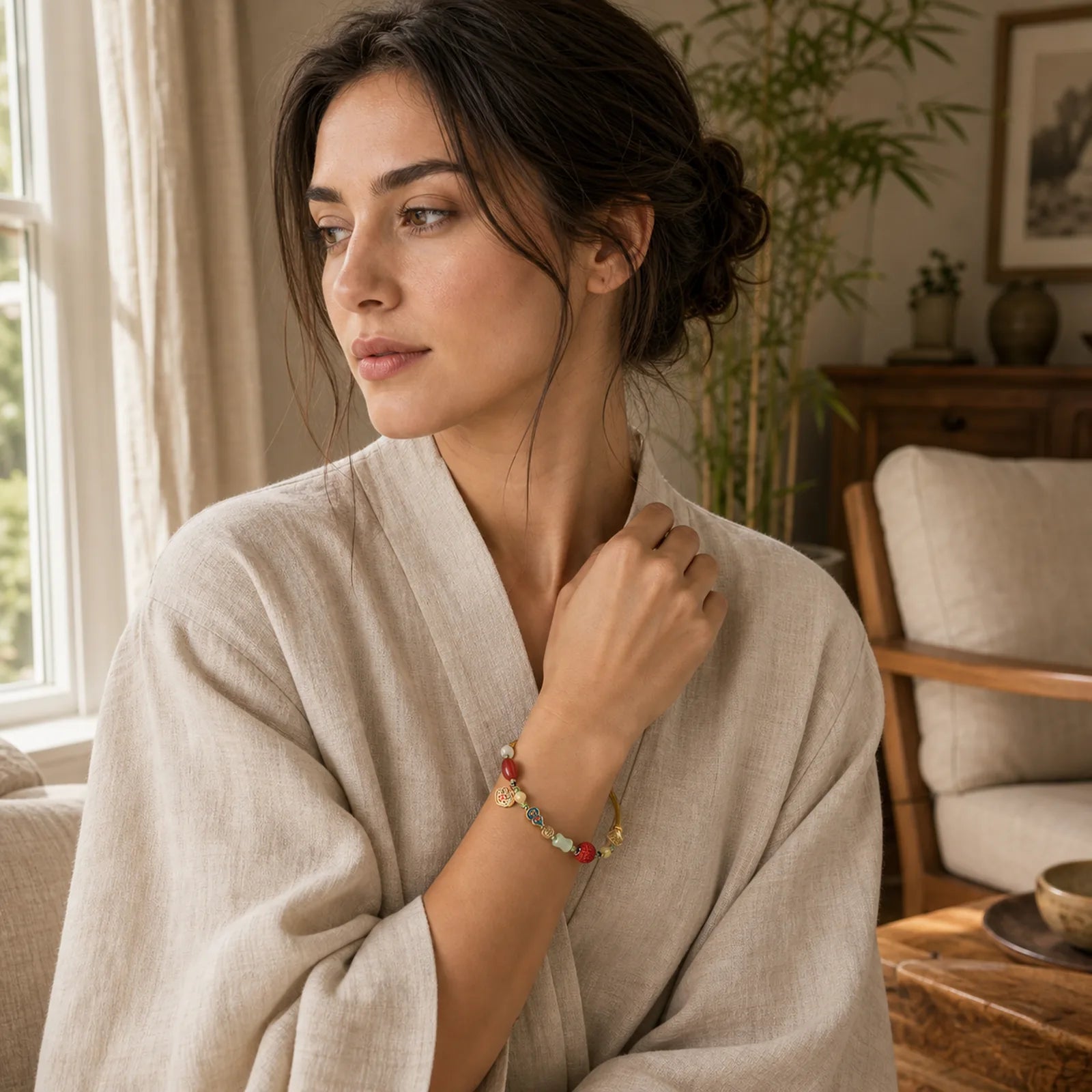 Tibetan Auspicious Clouds Fortune Happiness Wealth Luck Bracelet featuring Copper, Amber, Cinnabar