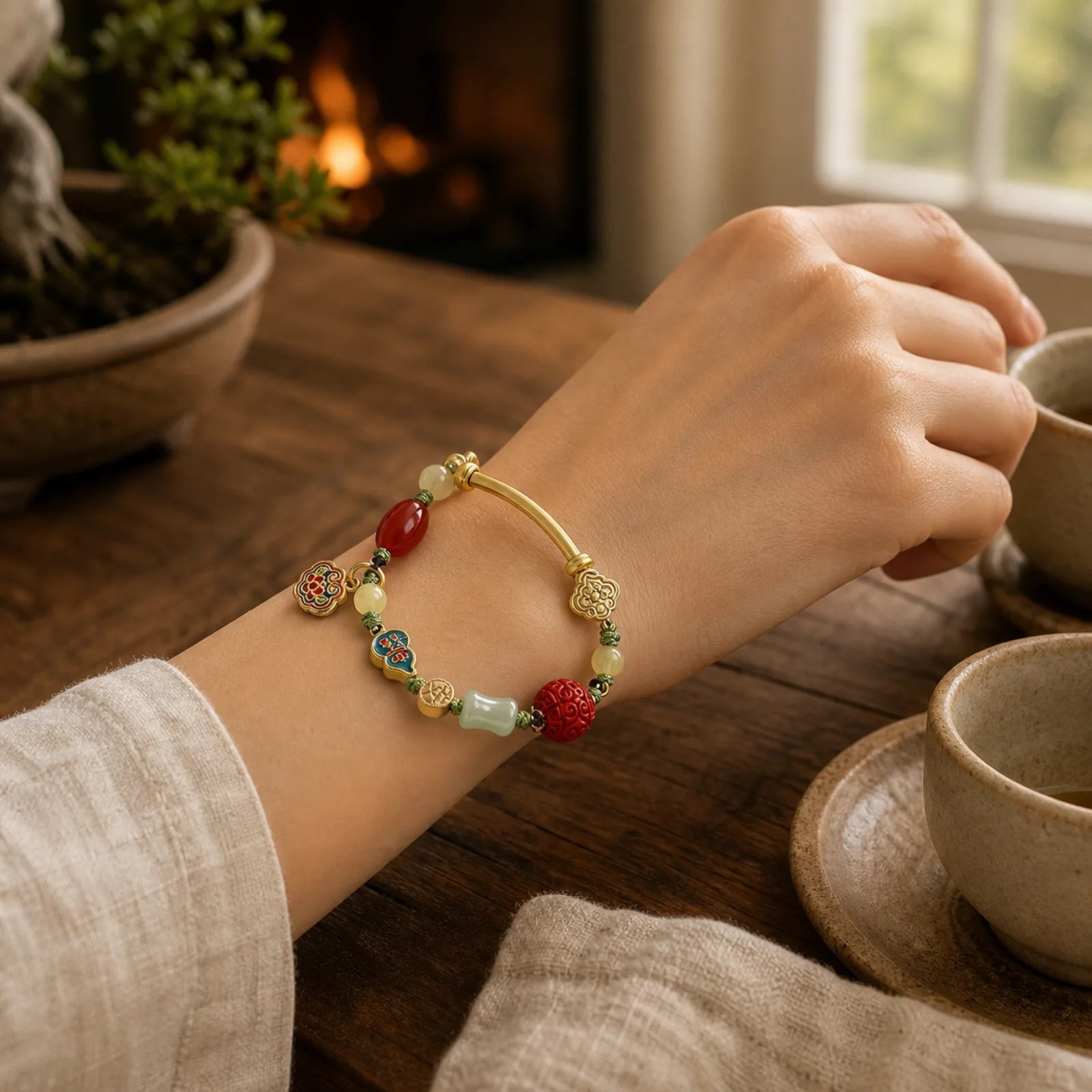 Tibetan Auspicious Clouds Fortune Happiness Wealth Luck Bracelet featuring Copper, Amber, Cinnabar