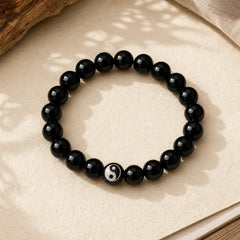 Tibetan Black Obsidian Black Onyx Yin Yang Bead Protection Bracelet featuring Black Obsidian, Black Onyx, Bagua