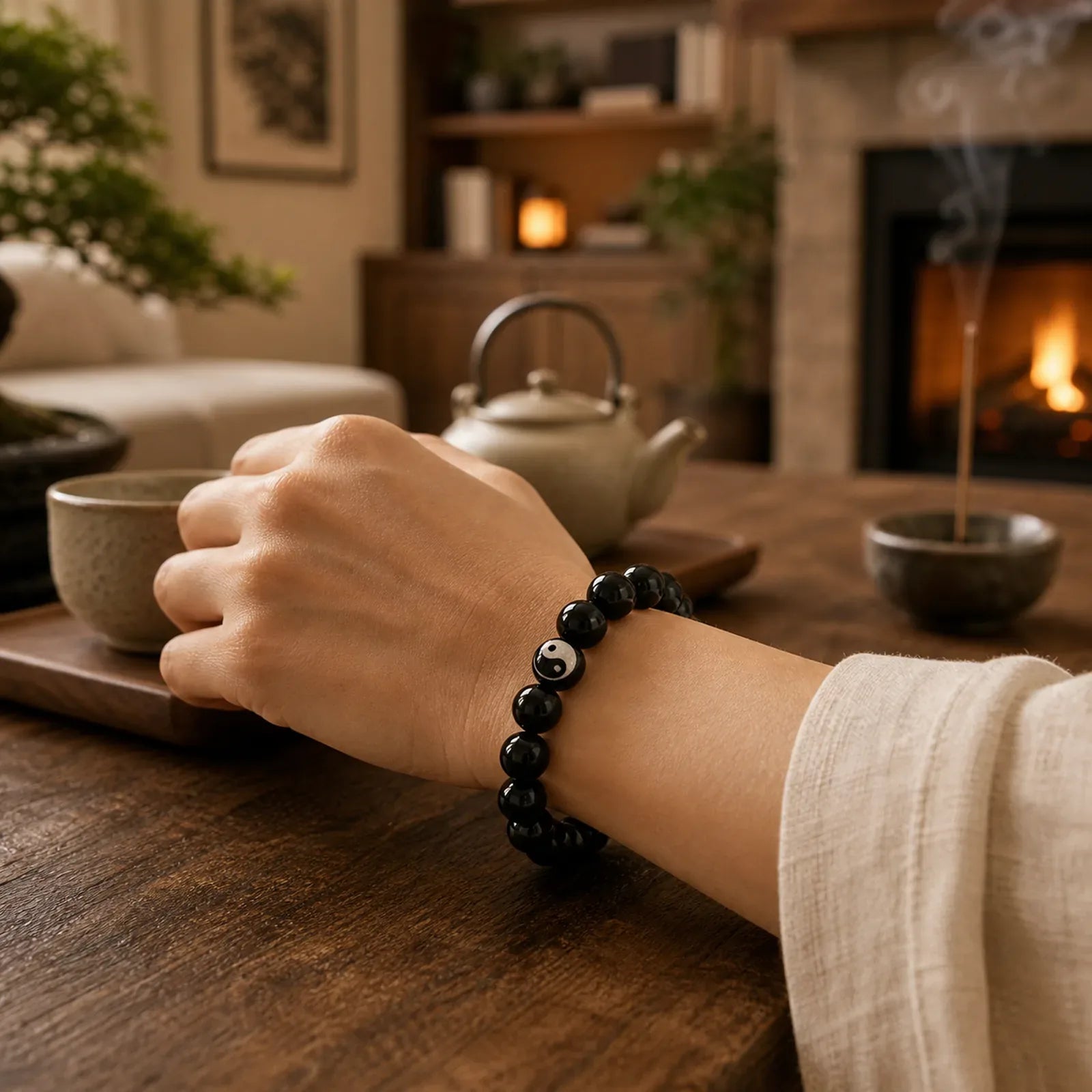 Tibetan Black Obsidian Black Onyx Yin Yang Bead Protection Bracelet featuring Black Obsidian, Black Onyx, Bagua