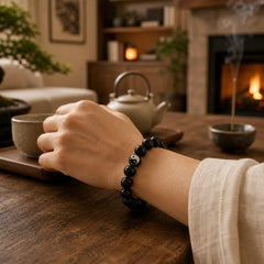 Tibetan Black Obsidian Black Onyx Yin Yang Bead Protection Bracelet featuring Black Obsidian, Black Onyx, Bagua