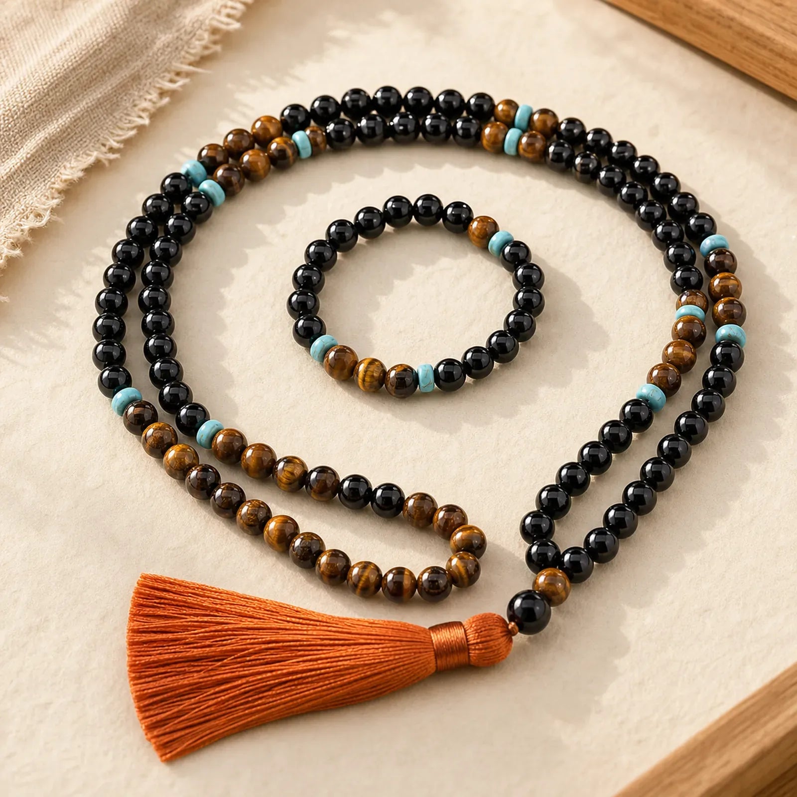 Tibetan Black Onyx Peaceful Mala Set featuring Black Onyx, Tiger Eye, Turquoise