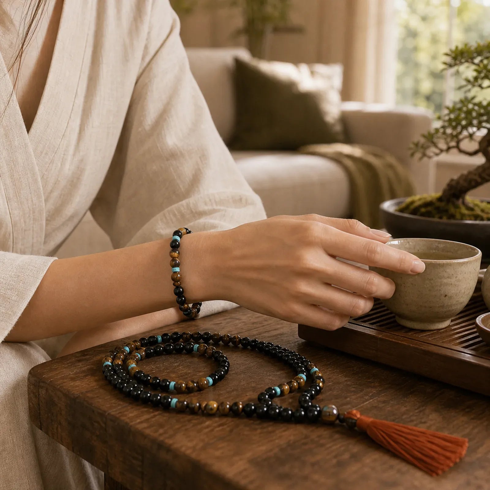 Tibetan Black Onyx Peaceful Mala Set featuring Black Onyx, Tiger Eye, Turquoise