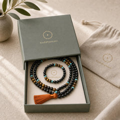 Tibetan Black Onyx Peaceful Mala Set featuring Black Onyx, Tiger Eye, Turquoise