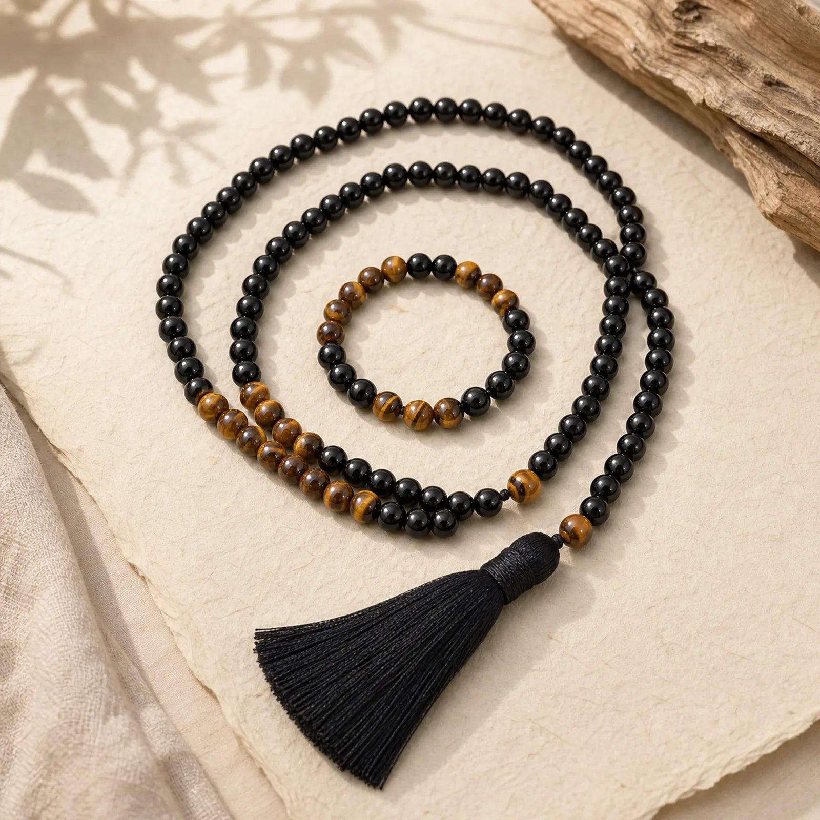 Tibetan Black Onyx Tiger Eye Protection Necklace Mala Set featuring Black Onyx, Tiger Eye
