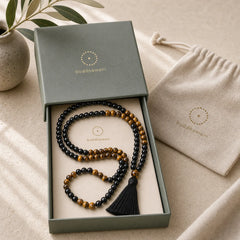 Tibetan Black Onyx Tiger Eye Protection Necklace Mala Set featuring Black Onyx, Tiger Eye