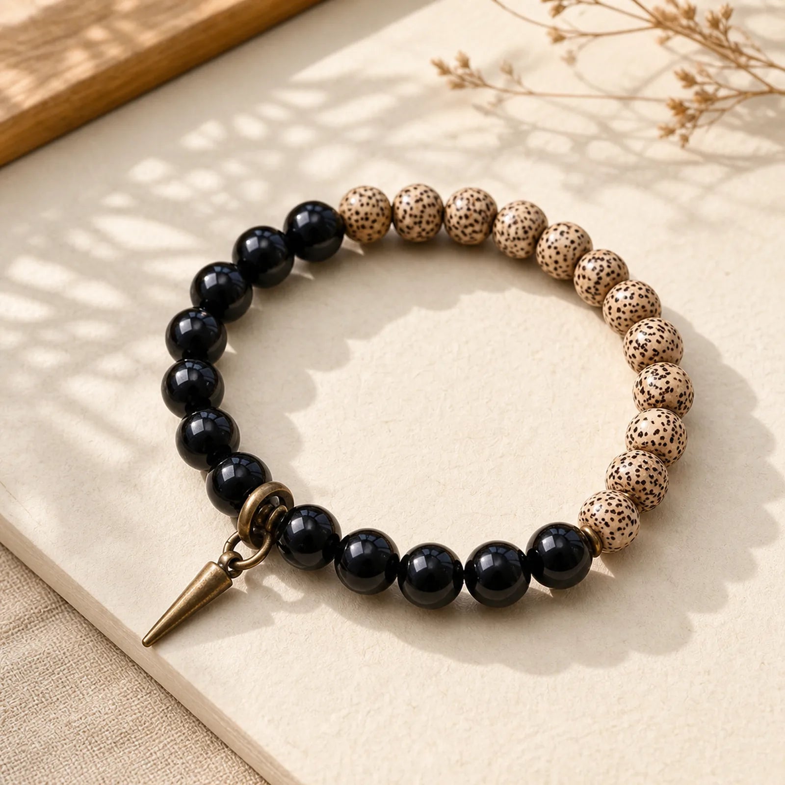 Tibetan Bodhi Seed Black Obsidian Ebony Wood Copper Peace Bracelet featuring Bodhi Seed, Black Obsidian, Ebony Wood
