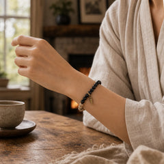 Tibetan Bodhi Seed Black Obsidian Ebony Wood Copper Peace Bracelet featuring Bodhi Seed, Black Obsidian, Ebony Wood