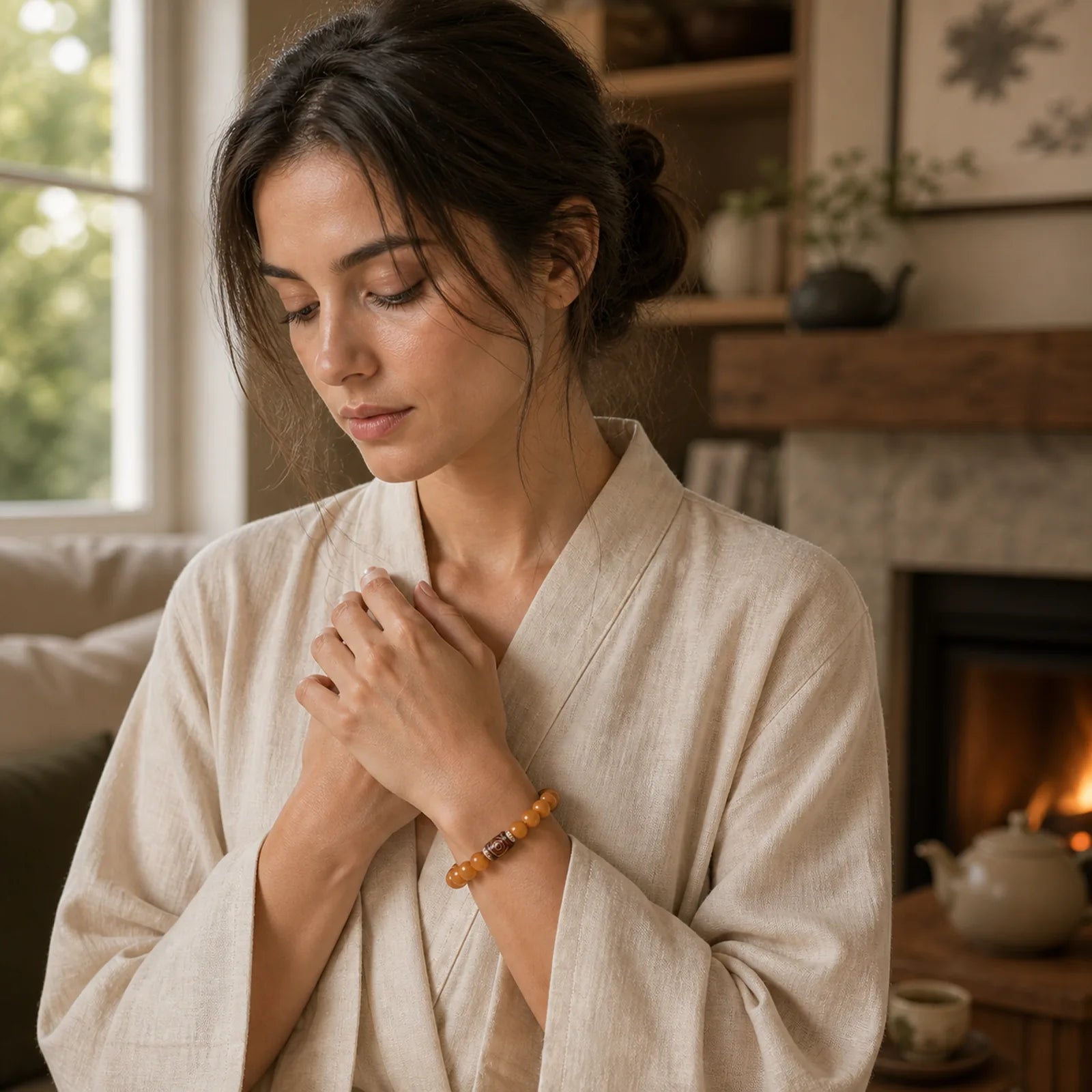 Tibetan Bodhi Seed Dzi Bead Keep Away Evil Spirits Bracelet featuring Bodhi Seed, Dzi Bead