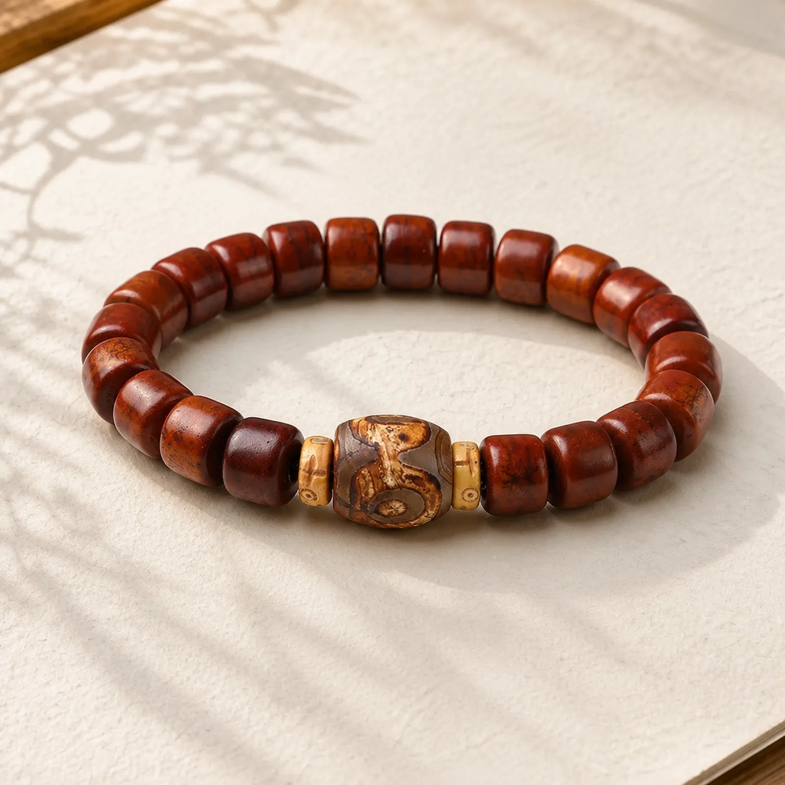 Tibetan Bone Beads Three-Eyed Dzi Bead Sheep Horn Red Agate Strength Bracelet featuring Three-eyed Dzi Bead, Dzi Bead, Sheep Horn