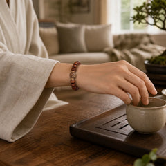 Tibetan Bone Beads Three-Eyed Dzi Bead Sheep Horn Red Agate Strength Bracelet featuring Three-eyed Dzi Bead, Dzi Bead, Sheep Horn