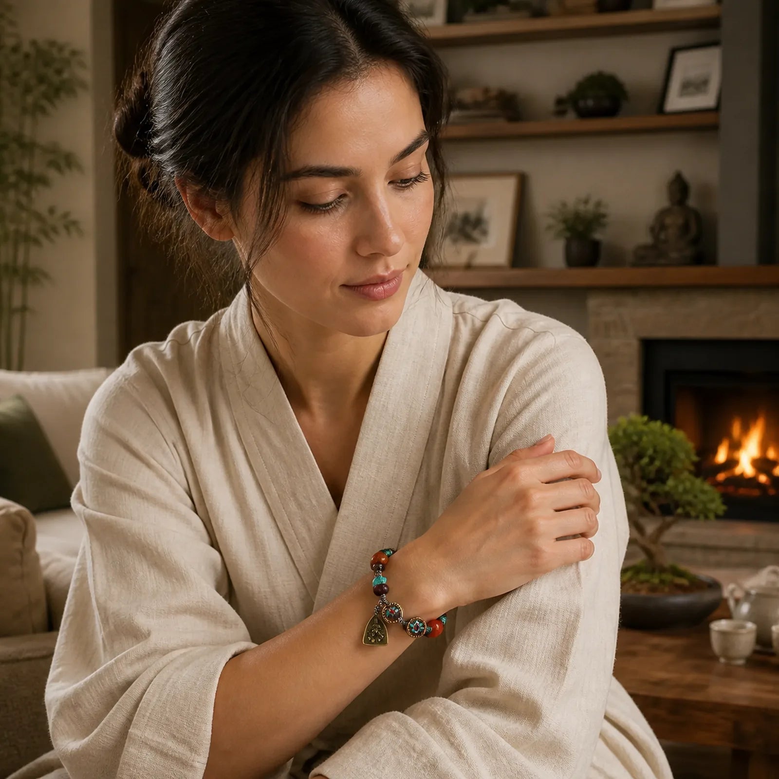 Tibetan Buddha's Eye Turquoise Lotus Zakiram Protection Rope Bracelet featuring Turquoise, Lotus, Lotus Symbol