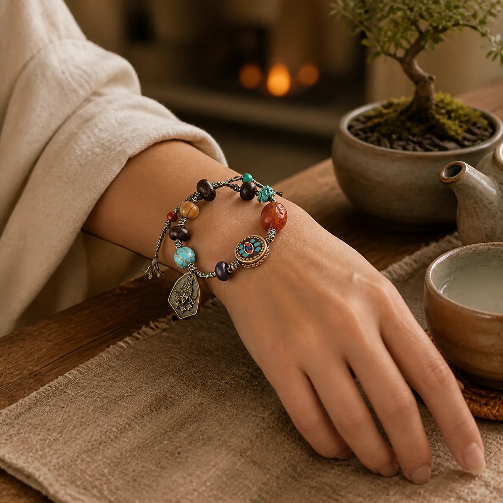 Tibetan Buddha's Eye Turquoise Lotus Zakiram Protection Rope Bracelet featuring Turquoise, Lotus, Lotus Symbol