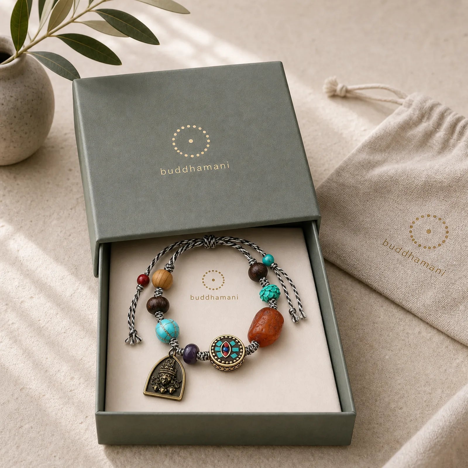 Tibetan Buddha's Eye Turquoise Lotus Zakiram Protection Rope Bracelet featuring Turquoise, Lotus, Lotus Symbol