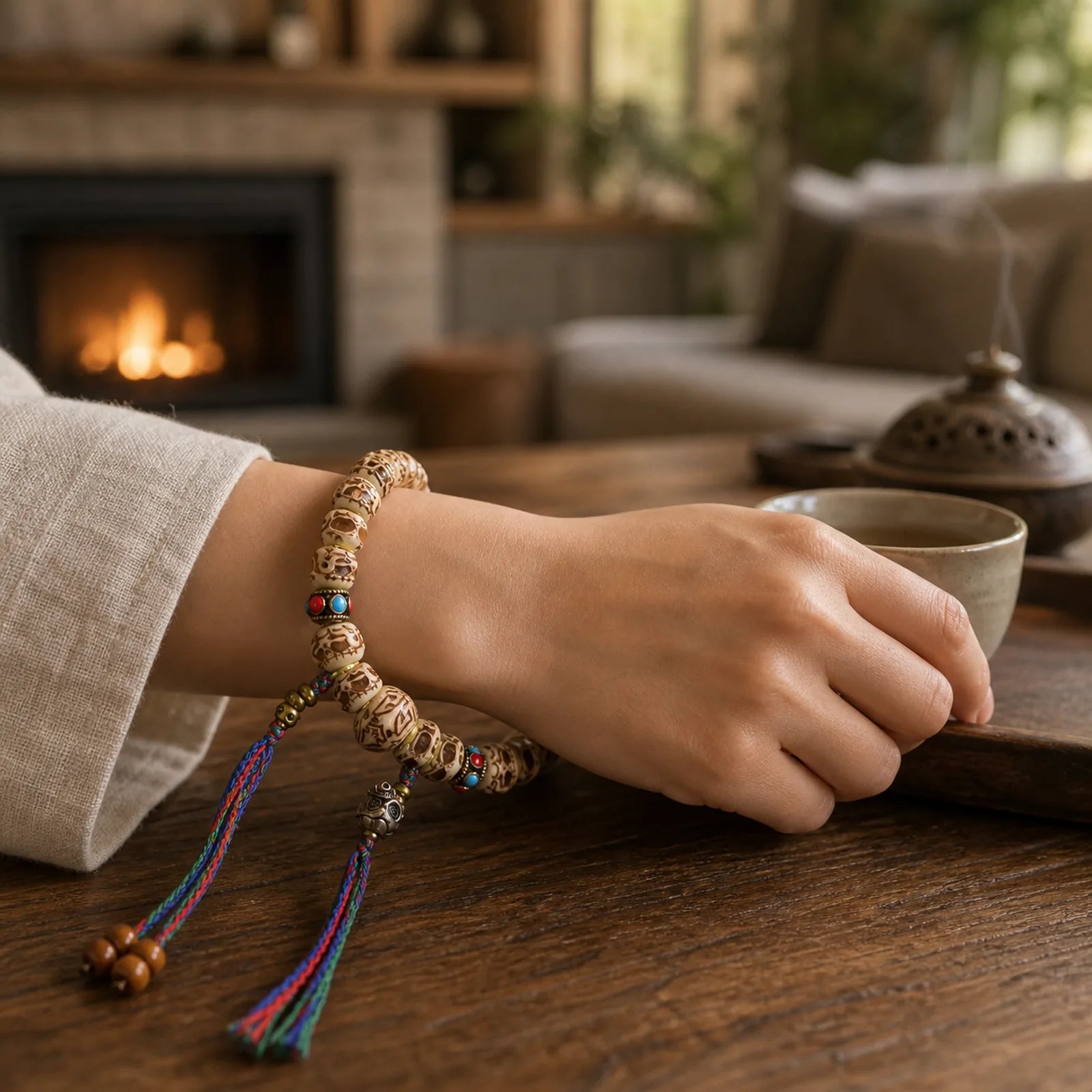 Tibetan Camel Bone Garuda Carved Protection Tassel Bracelet featuring Camel Bone, Garuda, Dragon