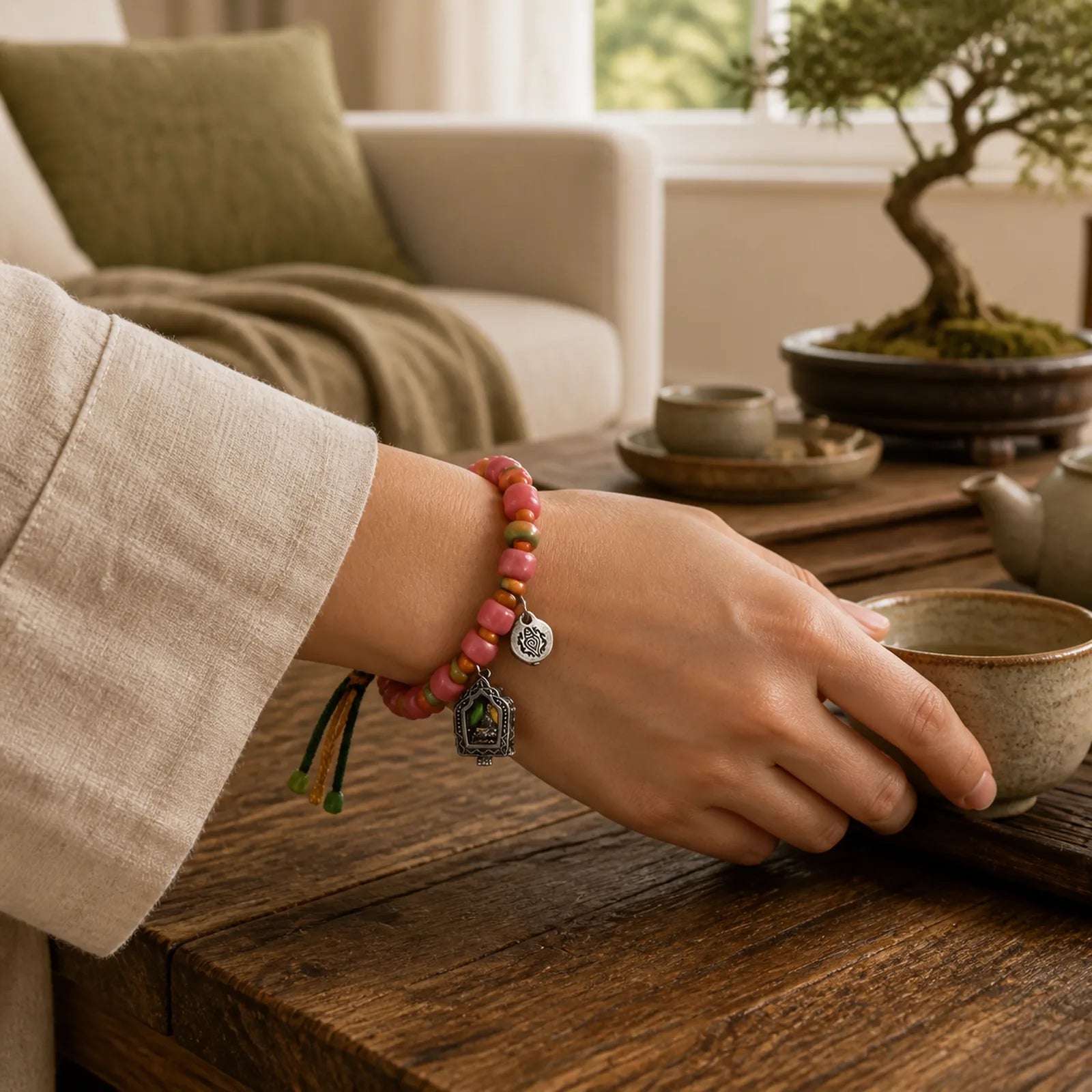Tibetan Camel Bone Red Agate Luck Bracelet featuring Camel Bone, Red Agate, Copper