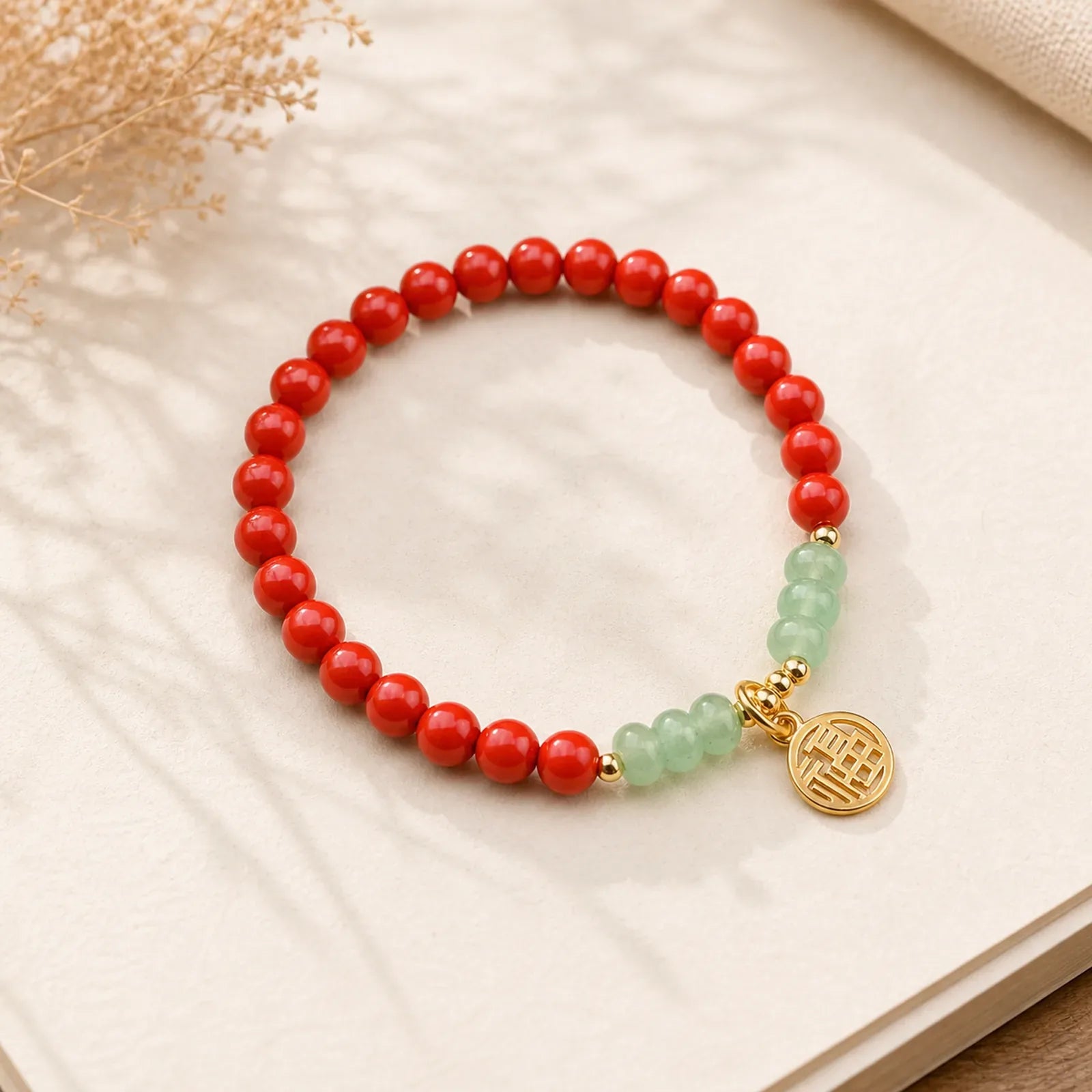 Tibetan Cinnabar Green Aventurine Luck Bracelet Necklace featuring Cinnabar, Green Aventurine