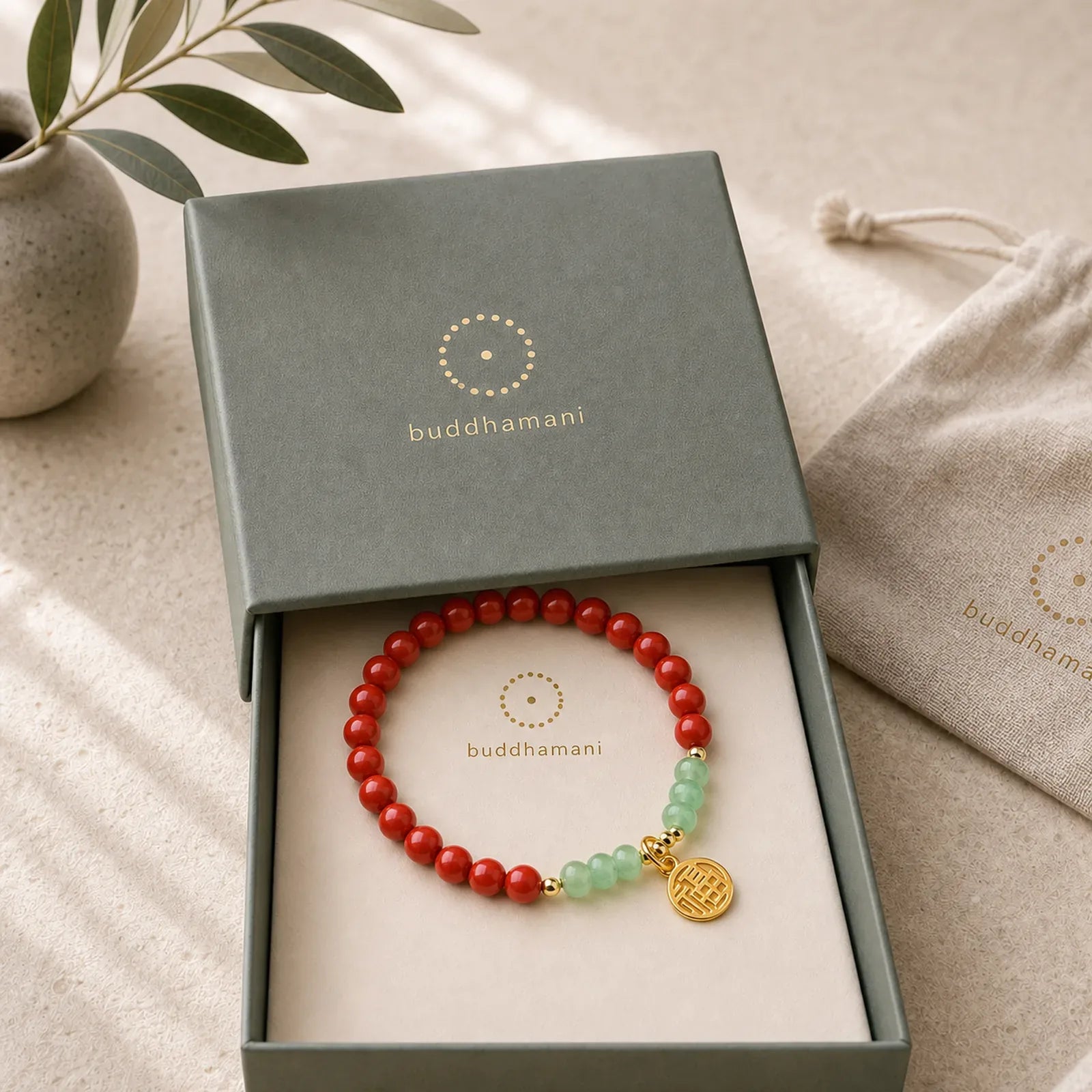 Tibetan Cinnabar Green Aventurine Luck Bracelet Necklace featuring Cinnabar, Green Aventurine