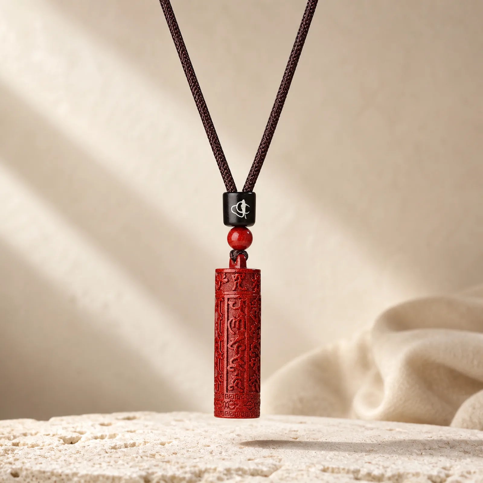 Tibetan Cinnabar Mantra Concentration String Necklace featuring Cinnabar, Small Leaf Red Sandalwood, Red Sandalwood