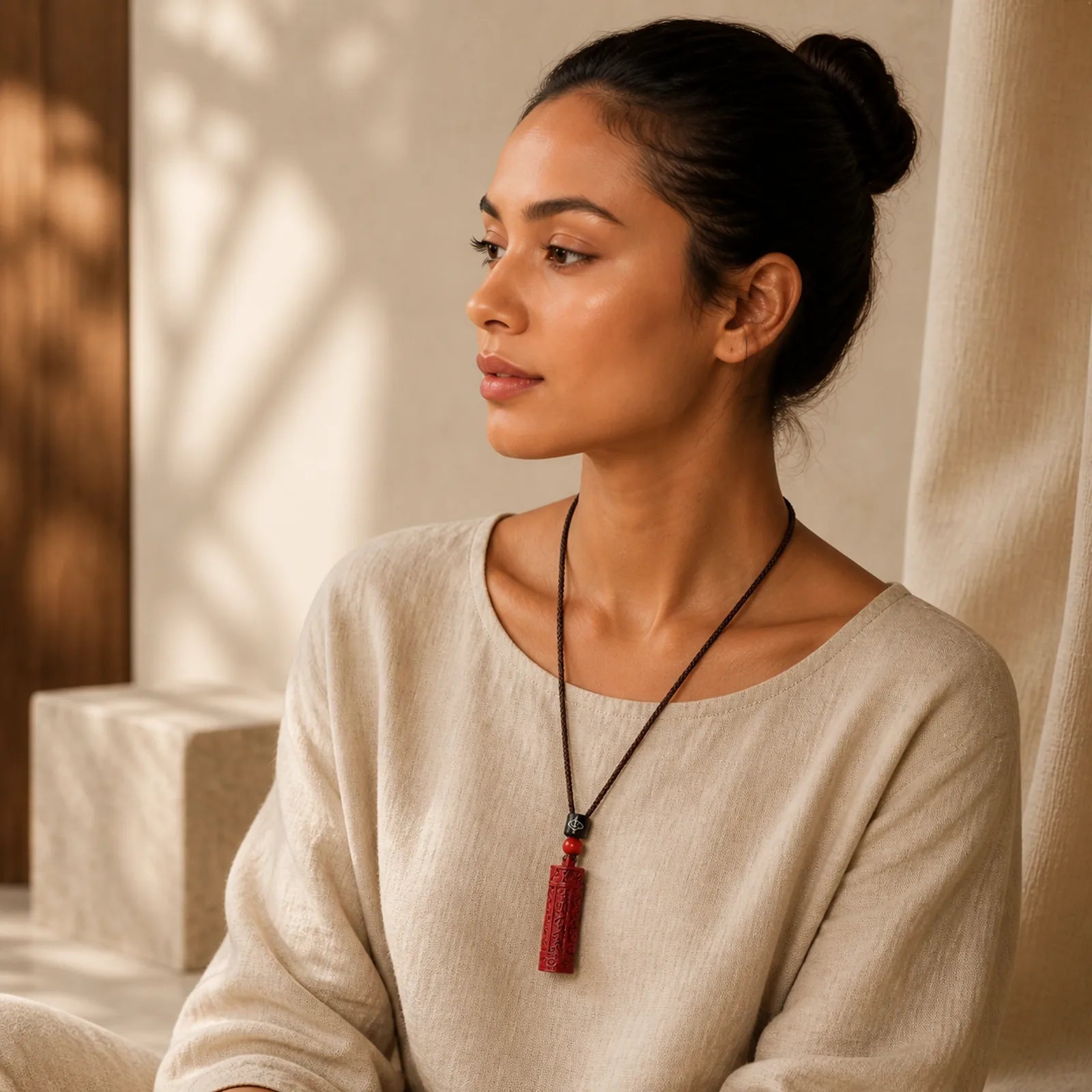 Tibetan Cinnabar Mantra Concentration String Necklace featuring Cinnabar, Small Leaf Red Sandalwood, Red Sandalwood