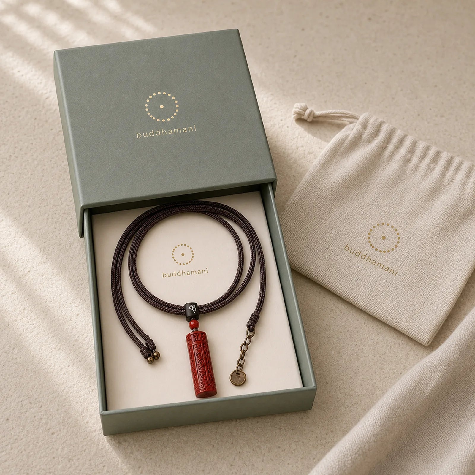 Tibetan Cinnabar Mantra Concentration String Necklace featuring Cinnabar, Small Leaf Red Sandalwood, Red Sandalwood