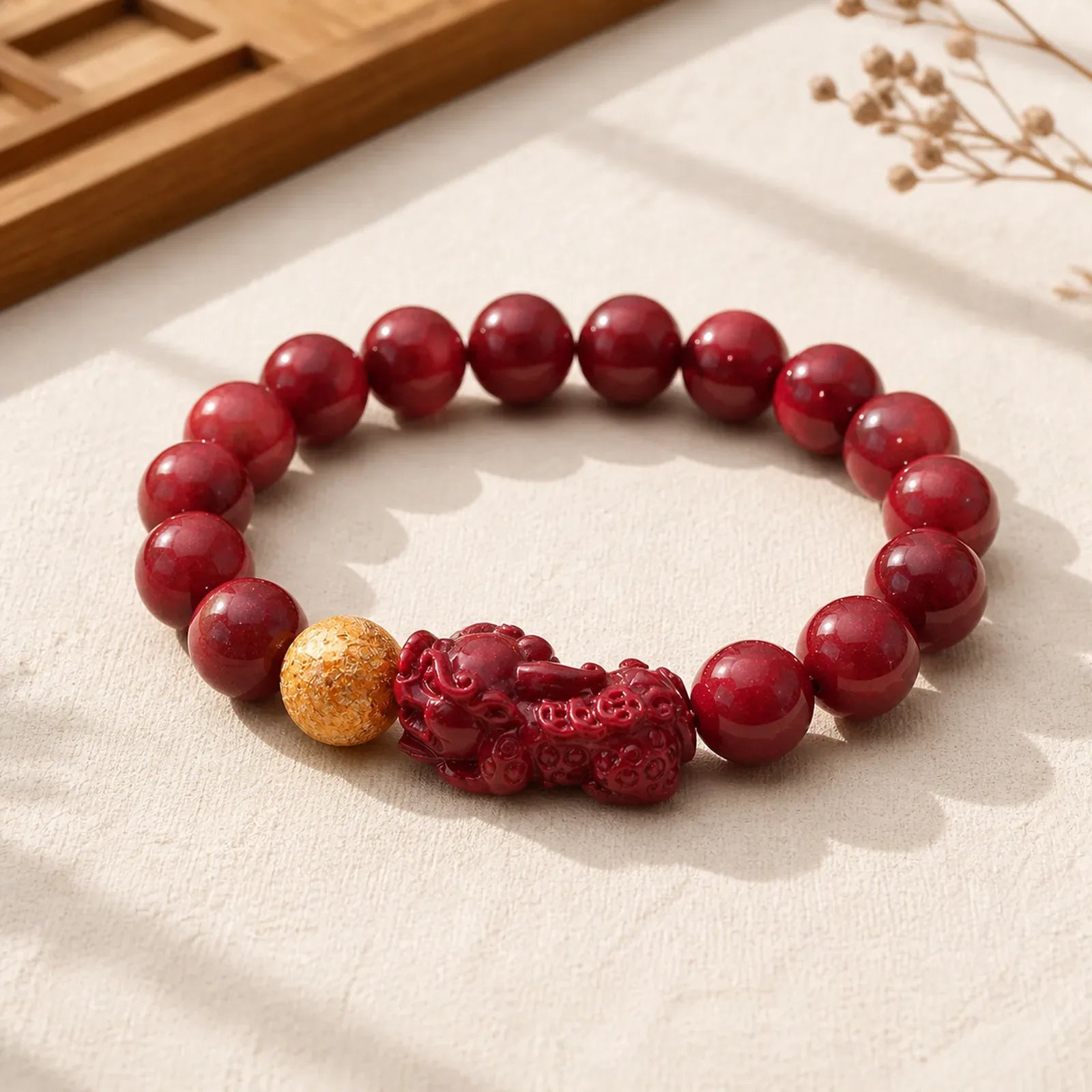 Tibetan Cinnabar Pixiu Calm Bracelet featuring Cinnabar, Pixiu
